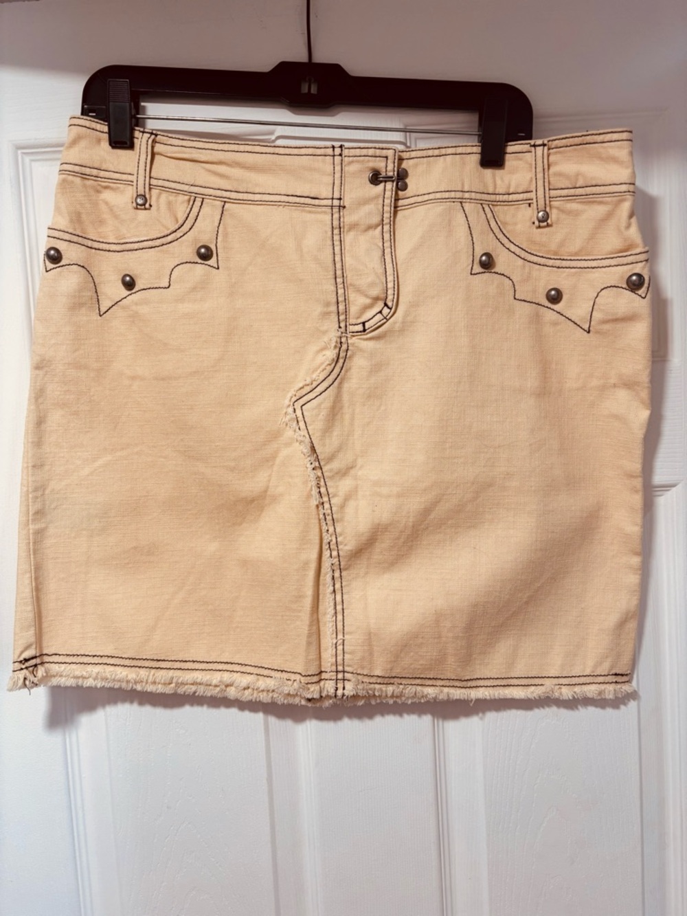 Beige Denim Mini Skirt with Contrast Stitching